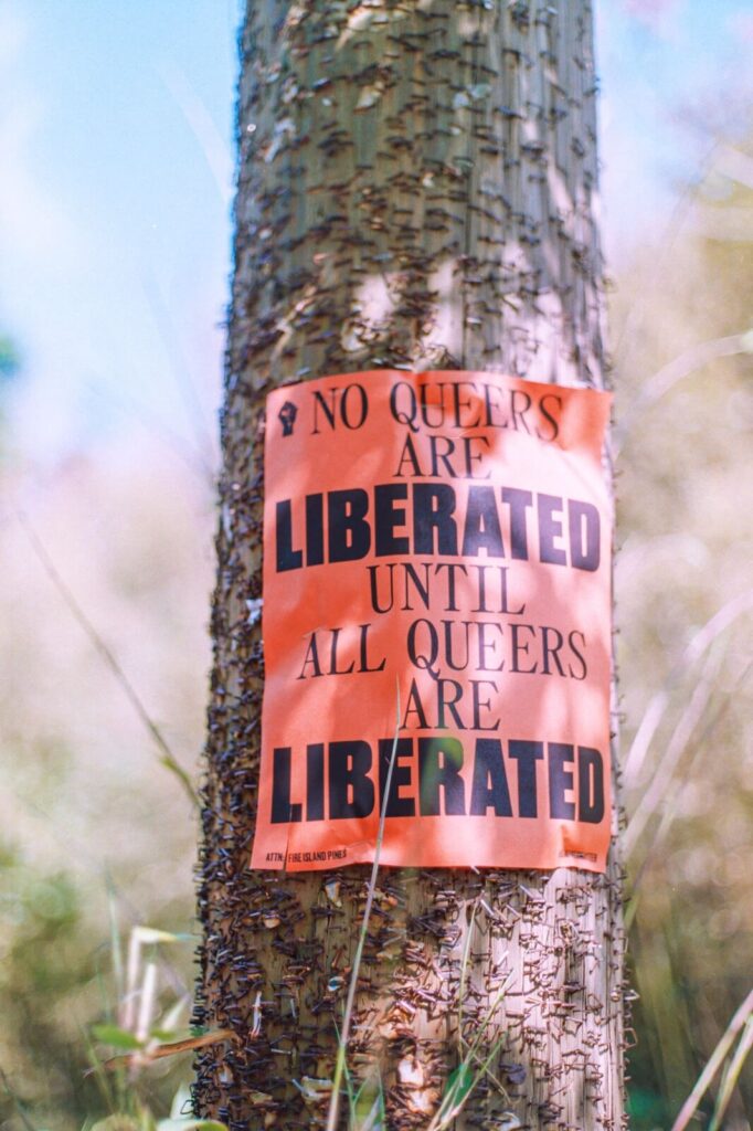 Poster on a wooden post in Fire Island Pines reading “No queers are liberated until all queers are liberated.”
